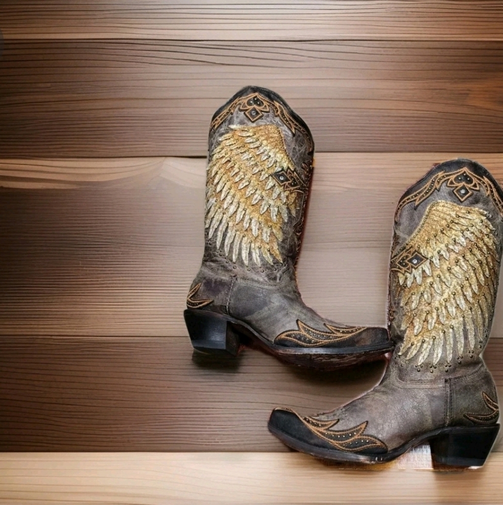 Corral Brown Ld Tobacco Wings & Cross Overlay & Embroidered Boots Size 7 - Picture 4 of 8